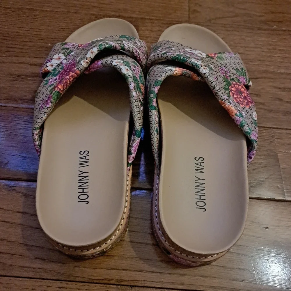Johnny Was Floral Crisscross Platform Slide Sandals Boho Multi Color Womens Sz 6